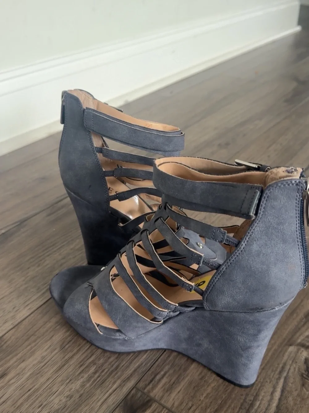 Guess Gray Strappy Suede Wedge Sandals